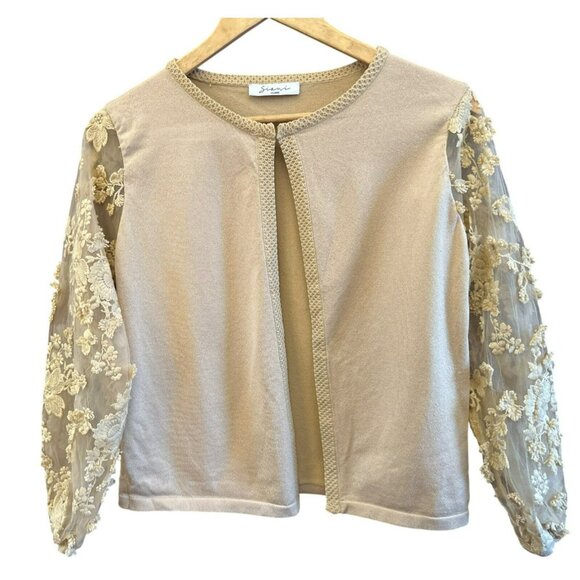 Elegant Sioni Milano Beige Cardigan With Lace Floral Sleeves Cottagecore Preppy - Picture 1 of 5
